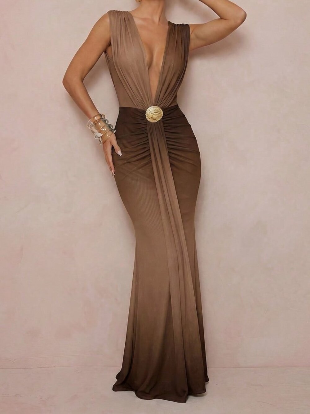 Coffee Brown Party Women's Deep V-Neck Backless Fitted Mermaid Bodycon Dress